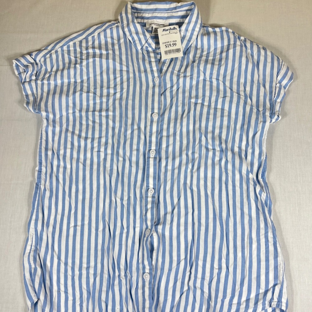 Beachlunchlounge Womens XS Blue White Striped Short Sleeve Button Down Shirt NEW